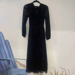 Long black Bardot dress, size small. Subtle sparkles and belt/wrap. Super cute!